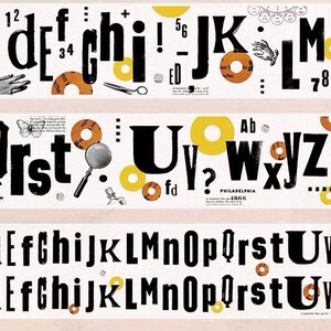 Peut inclure: Trois bandes décoratives sur fond blanc, avec des lettres noires, des chiffres et des illustrations. Le motif comprend des éléments circulaires jaunes et bruns, une loupe et le mot "Philadelphia".