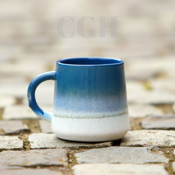 Large Mojave Ocean Blue Glaze Reactive Ombre Mug, Stoneware, Speckled, Sass & Belle, Christmas Gift.