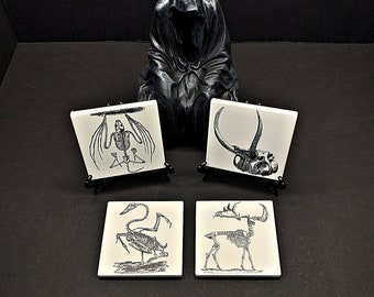 Animal Skeleton Ceramic Drink Coaster, Gothic or Halloween Home Decor, Horror Coasters, Spooky Decor, Anatomical Gift