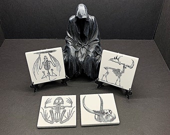 Animal Skeleton Ceramic Drink Coaster, Gothic or Halloween Home Decor, Horror Coasters, Ceramic Tile, Anatomy Artwork, Bar Decor