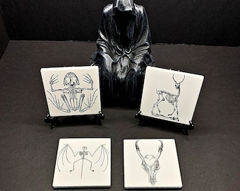 Animal Skeleton Ceramic Drink Coaster, Gothic or Halloween Home Decor, Horror Coasters, Ceramic Tile, Anatomy Artwork, Bar Decor