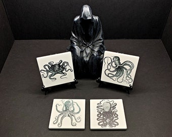 Sea Creature Drink Coaster, Gothic or Halloween Home Decor, Horror Coasters, Ceramic Tile, Octopus Artwork