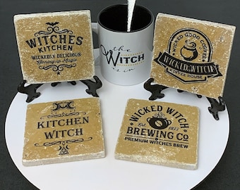 Witch Themed Printed Stone Coaster, Witches Kitchen Decor, Gothic Home Decor, Natural Stone Drink Coaster