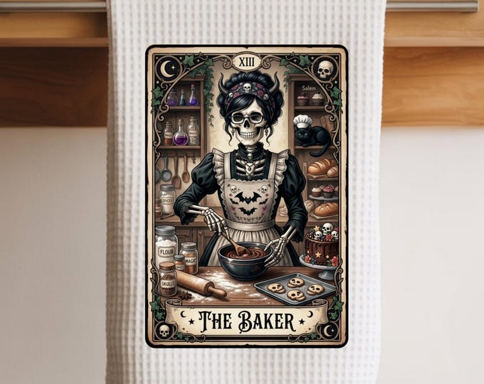 The Baker tea towel, Halloween Decor, Halloween Kitchen Towel, Gothic Kitchen