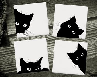 Cat Print Ceramic Coaster, Cat Drink Coaster, Gothic Home Decor, Halloween Coaster, Black Cat Coaster Set