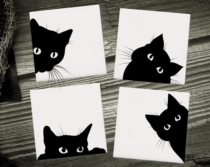 Cat Print Ceramic Coaster, Cat Drink Coaster, Gothic Home Decor, Halloween Coaster, Black Cat Coaster Set