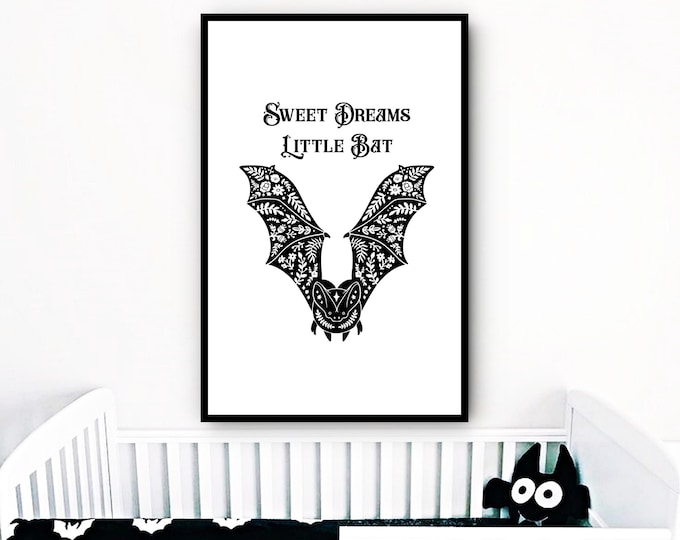 Gothic Nursery Decor, Sweet Dreams Little Bat, Baby Shower Gift, Gothic Decor,  Bat Print,  Gothic Artwork, Nursery Print