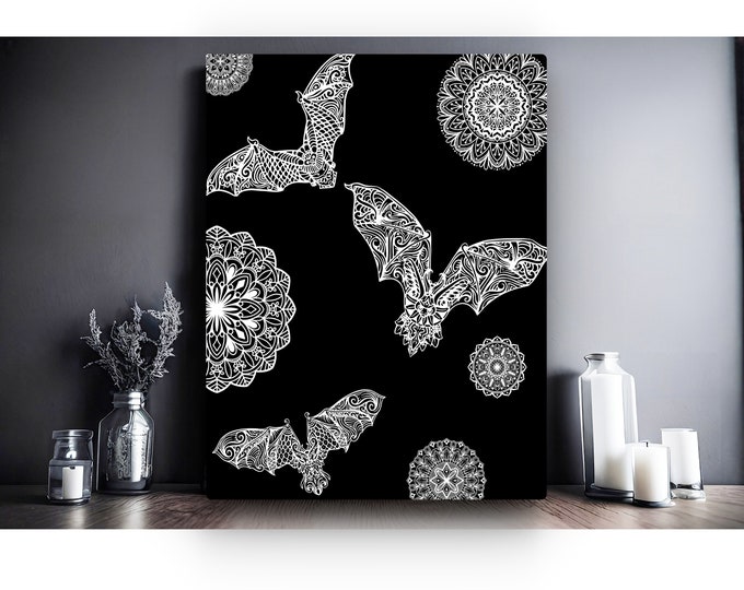 Bat Mandala Print, Gothic Decor, Halloween Decor, Black Canvas Print, Canvas Wall Art