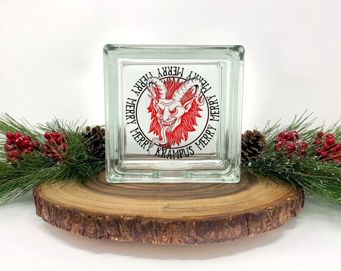 Krampus lighted glass block, Christmas Decor, Krampus Ornament, Creepy Christmas, Christmas nightlight, Custom gift, Personalized Gift