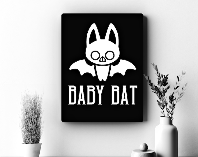 Baby Bat Gothic Nursery Decor, Halloween Decor, Black Canvas Print, Canvas Wall Art