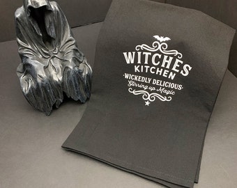 Black Kitchen towel, Witch Tea Towel, Flour sack, Gothic Home Decor, Wiccan Decor, Wiccan, Gothic kitchen, Halloween Decor, Spooky Decor