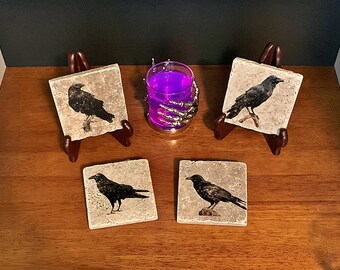 Raven Print Stone Coaster, Raven Drink Coaster, Gothic Home Decor, Natural Stone Drink Coaster