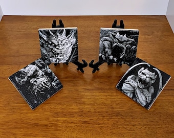 Stone Coaster, Gothic Home Decor, Natural Stone Drink Coaster, Gargoyle Print, Gothic Wedding Gift, Gothic Housewarming Gift
