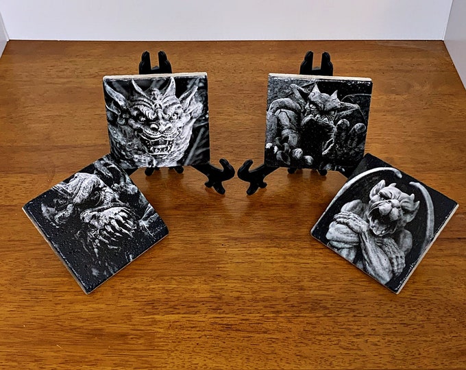 Stone Coaster, Gothic Home Decor, Natural Stone Drink Coaster, Gargoyle Print, Gothic Wedding Gift, Gothic Housewarming Gift