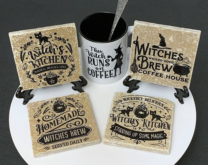 Witch Themed Printed Stone Coaster, Witches Kitchen Decor, Gothic Home Decor, Natural Stone Drink Coaster