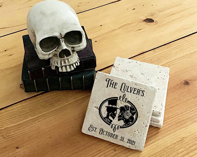 Skeleton bride and groom gift, Custom Coasters, Anniversary Gift, Personalized gift, Gothic Coasters, Gift under 50