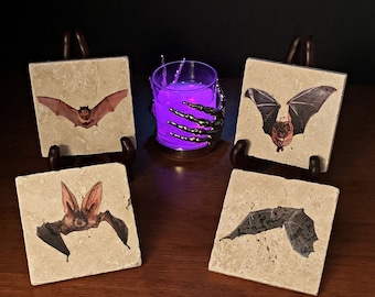 Bat Print Stone Coaster, Bat Drink Coaster, Gothic Home Decor, Natural Stone Drink Coaster