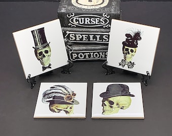 Halloween Ceramic Coaster, Gothic Decor, Skeleton, Skull Digital Print, Horror Coasters, Anatomy Artwork, Halloween Drink Coaster, Goth Art