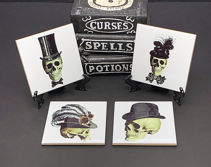 Halloween Ceramic Coaster, Gothic Decor, Skeleton, Skull Digital Print, Horror Coasters, Anatomy Artwork, Halloween Drink Coaster, Goth Art