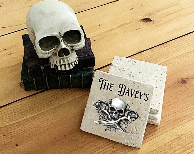 Custom Pirate Coasters, Salt Life decor, Personalized skull design gift, Skull design bar decor, Gothic Home Decor, Custom gift under 50