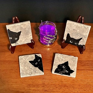 Cat Print Stone Coaster, Cat Drink Coaster, Gothic Home Decor, Natural Stone Drink Coaster