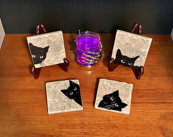 Cat Print Stone Coaster, Cat Drink Coaster, Gothic Home Decor, Natural Stone Drink Coaster