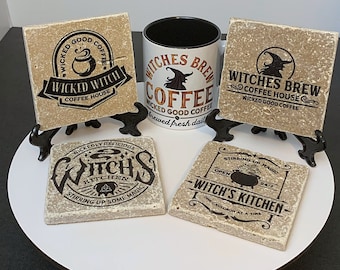 Witch Themed Printed Stone Coaster, Witches Kitchen Decor, Gothic Home Decor, Natural Stone Drink Coaster