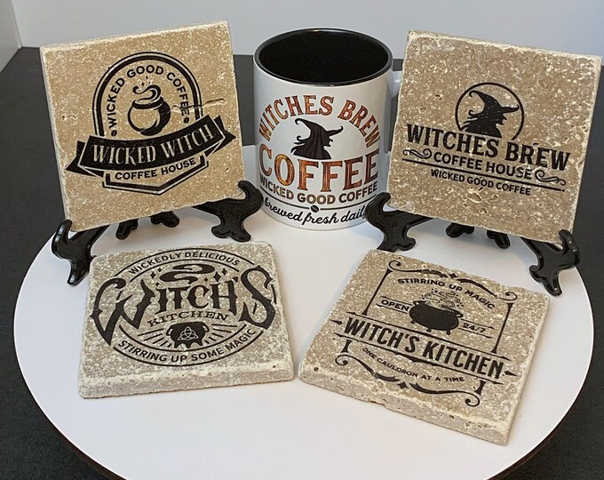 Witch Themed Printed Stone Coaster, Witches Kitchen Decor, Gothic Home Decor, Natural Stone Drink Coaster