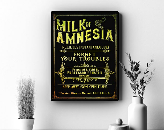 Vintage Apothecary Sign, Elixer advertisement sign, Milk of Amnesia, Gothic Home Decor, medical artwork, Halloween sign, Canvas print