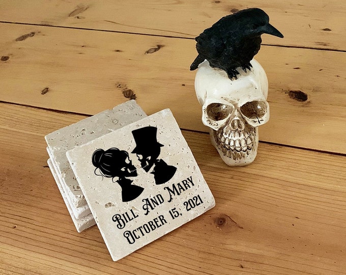 Skeleton bride and groom gift, Custom Coasters, Anniversary Gift, Personalized gift, Gothic Coasters, Gift under 50