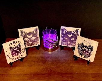 Cat Print Stone Coaster, Cat Drink Coaster, Gothic Home Decor, Natural Stone Drink Coaster