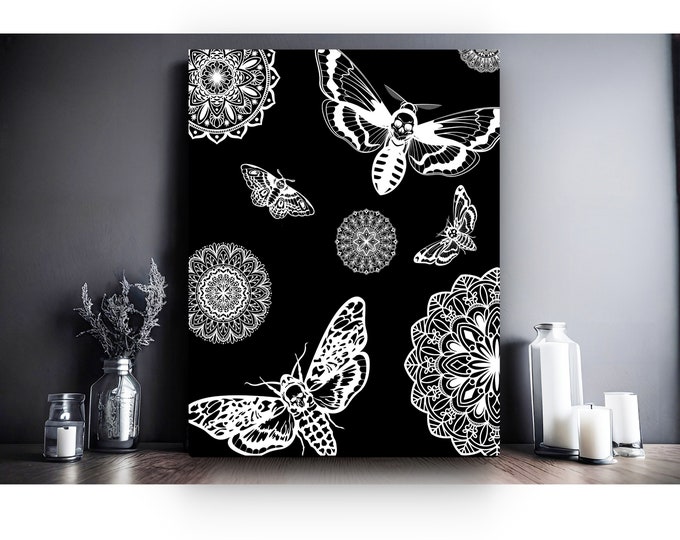 Death Moth Mandala Print, Gothic Decor, Halloween Decor, Black Canvas Print, Canvas Wall Art