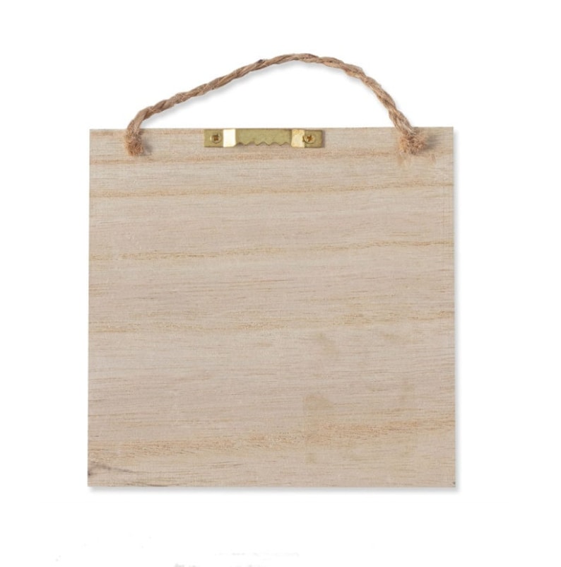 May include: A blank wooden sign with a jute rope hanger and a metal hook. The sign is light brown and has a natural wood grain.