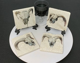 Animal Skull Print Stone Coaster, Animal Skeleton Coaster, Gothic Home Decor, Natural Stone Drink Coaster