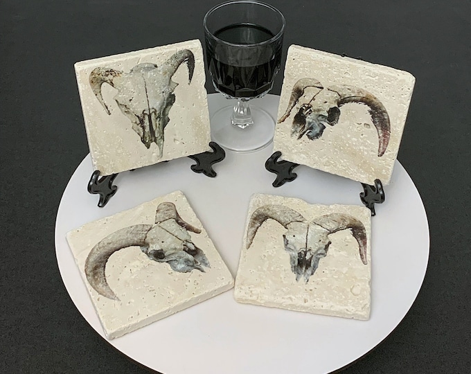 Animal Skull Print Stone Coaster, Animal Skeleton Coaster, Gothic Home Decor, Natural Stone Drink Coaster