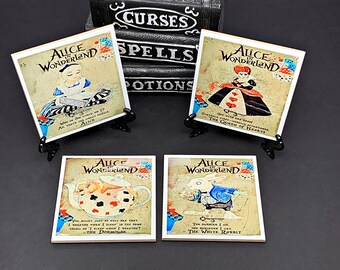 Alice in Wonderland Drink Coasters, Alice, White Rabbit, The Queen, The Dormouse, Gothic or Halloween Home Decor, Ceramic Tile, Alice Art