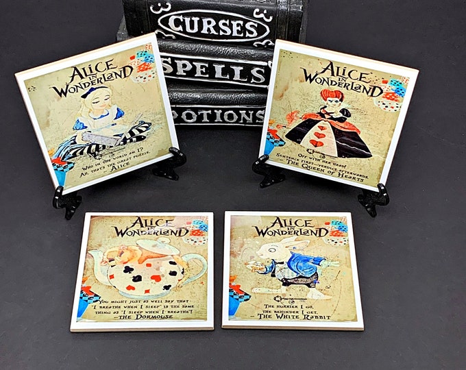 Alice in Wonderland Drink Coasters, Alice, White Rabbit, The Queen, The Dormouse, Gothic or Halloween Home Decor, Ceramic Tile, Alice Art