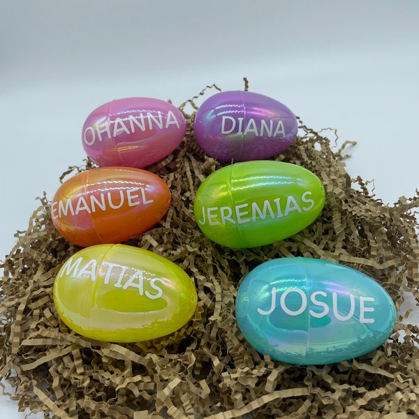 Personalized Set of 6 Iridescent Plastic Eggs 3 Inches with Ring Pop Candy inside/ Small Eggs/ Plastic Eggs/ Kids Easter Eggs