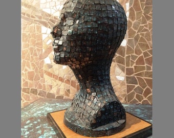 Copper Bust/ Head with Real Copper Mosaic design/Head tabletop sculpture/ Copper mosaic woman’s head sculpture