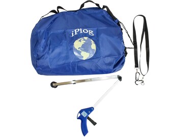 Plogging Kit with drawstring bag and folding tool to pick up litter outdoors