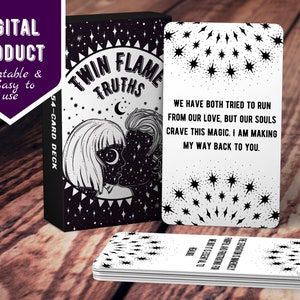 May include: A black and white deck of cards with a black background and white stars. The front of the box features a black and white illustration of two people with their faces touching. The text on the box reads "Twin Flame Truths" and "54-Card Deck". One card is pulled out of the deck and shows a white background with black stars and the text "We have both tried to run from our love, but our souls crave this magic. I am making my way back to you."