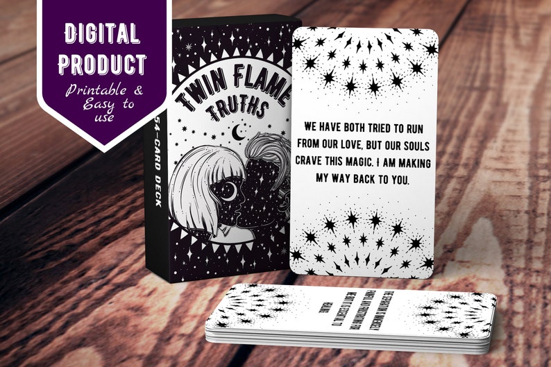 May include: A black and white deck of cards with a black background and white stars. The front of the box features a black and white illustration of two people with their faces touching. The text on the box reads "Twin Flame Truths" and "54-Card Deck". One card is pulled out of the deck and shows a white background with black stars and the text "We have both tried to run from our love, but our souls crave this magic. I am making my way back to you."