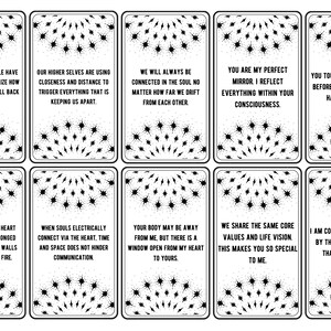 May include: A set of 10 black and white cards with a starburst design and inspirational quotes. The quotes are about love, connection, and soulmates.