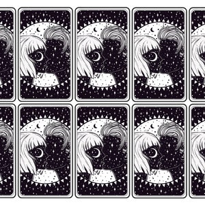 May include: A set of eight black and white tarot cards featuring a couple facing each other with their heads tilted together. The couple's faces are filled with stars and a crescent moon. The background is a black and white starry night sky with a crescent moon and sun.