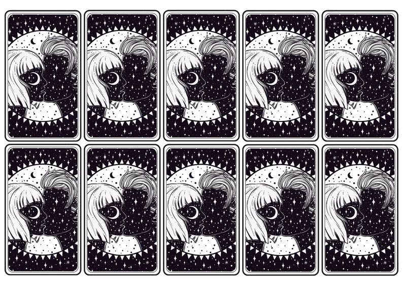 May include: A set of eight black and white tarot cards featuring a couple facing each other with their heads tilted together. The couple's faces are filled with stars and a crescent moon. The background is a black and white starry night sky with a crescent moon and sun.