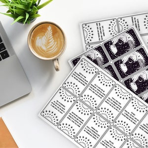 May include: Printable sheets of black and white cards with a starburst design and text that reads "You are stronger than you think. You are braver than you believe. You are smarter than you know. You are loved more than you can imagine."