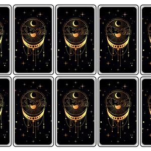 May include: Nine gold tarot cards with a black background and gold stars. Each card features a crescent moon, sun, and clouds in a circle with a gold chain and beads hanging from the bottom.