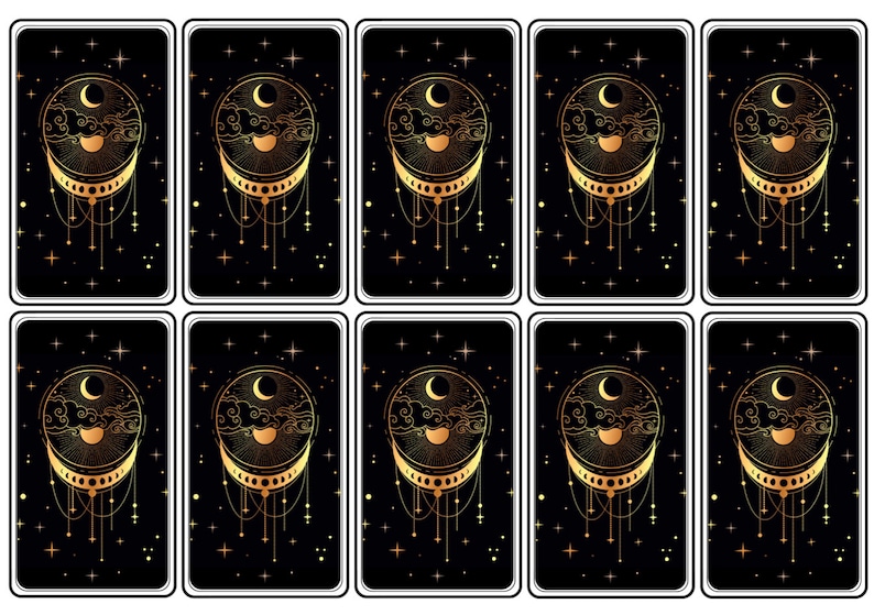 May include: Nine gold tarot cards with a black background and gold stars. Each card features a crescent moon, sun, and clouds in a circle with a gold chain and beads hanging from the bottom.