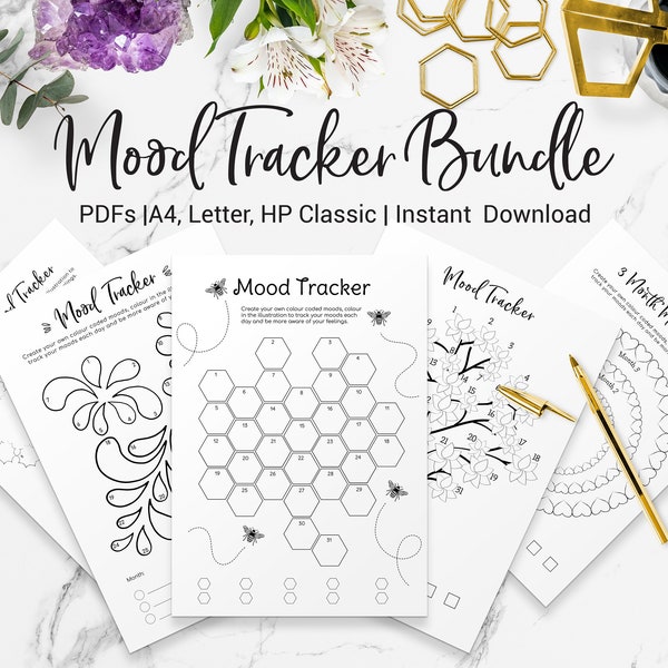 Monthly Mood Tracker Planner Printables, Bullet Journal Mood Charts, Bujo Inserts, Digital Planner Inserts, 5 PDFs, A4, Letter, HP Classic