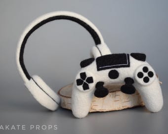 新生児用ヘッドフォンとゲームパッドセット 新生児用フェルト小道具 小道具 写真撮影用小道具 ウール製ゲームパッド 新生児用ウール製ヘッドフォン 新生児用